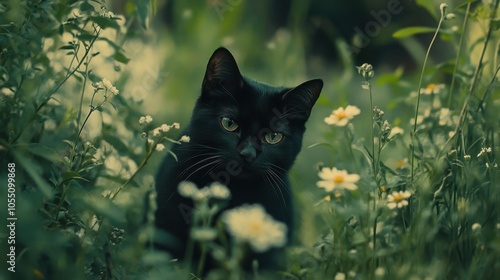 Black cat with curious eyes sitting among tall green grass and wildflowers, daylight casting soft, natural shadows