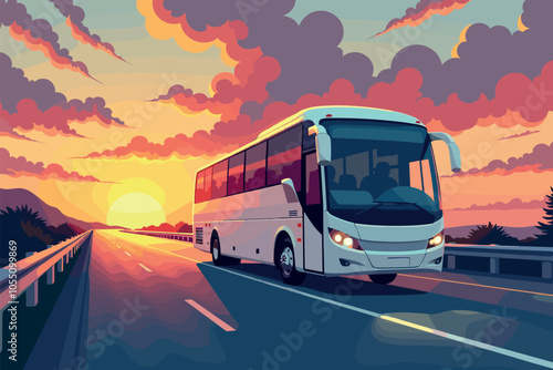 Bus Driving on Highway During a Scenic Sunset