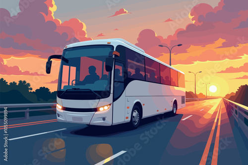 Bus Driving on Highway During a Scenic Sunset