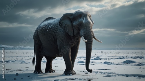 an African elephant standing on a frozen Arctic landscape. The contrast between the elephant's dark, rugged skin and the bright, icy terrain creates a striking visual.