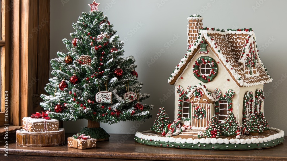 Obraz premium Delightful Gingerbread House with a Festive Christmas Tree
