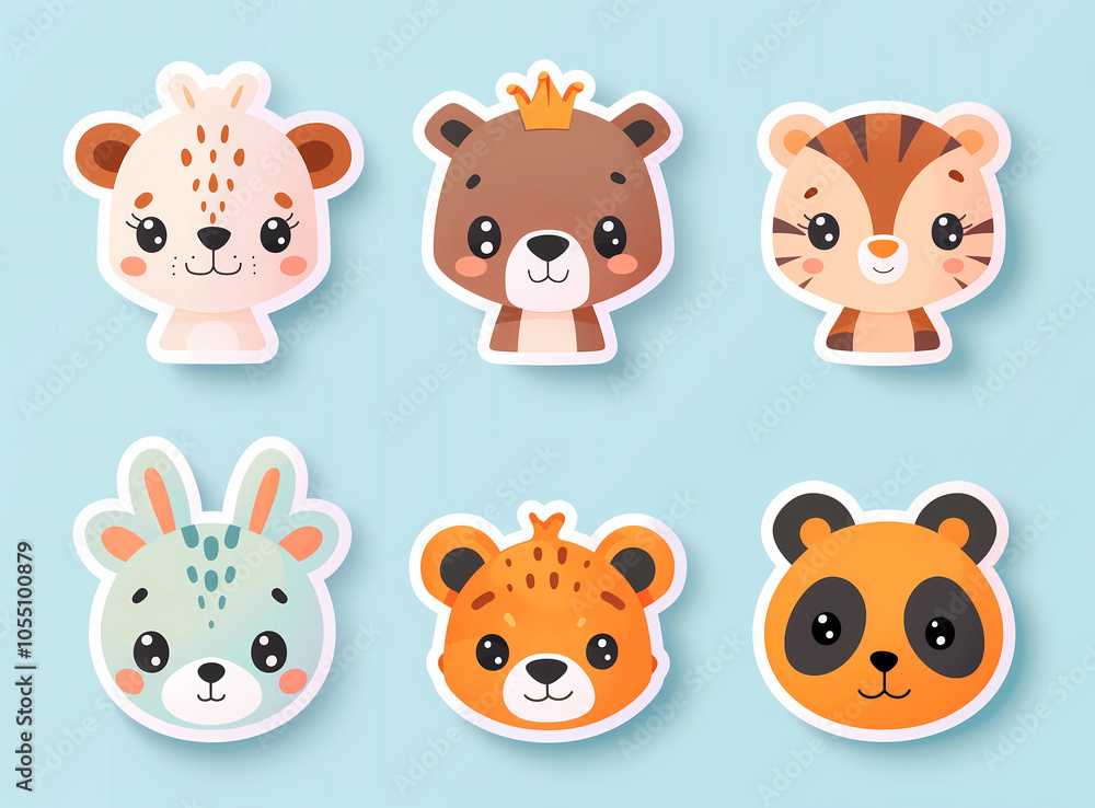 Adorable animal character stickers featuring playful designs on a light blue background Adorable animal character stickers featuring playful designs on a light blue background
