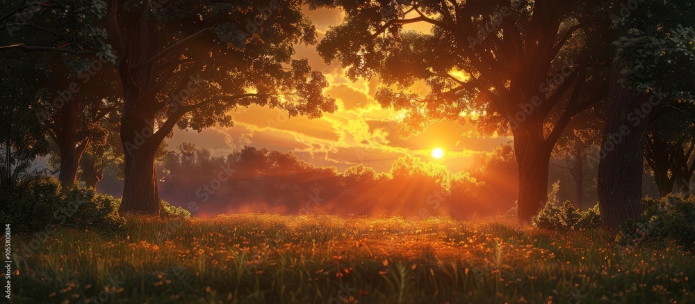 Scenic view of a sunset over a tranquil forest with copy space image Scenic view of a sunset over a tranquil forest with copy space image