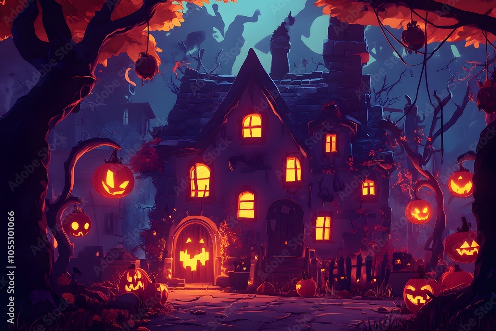 Halloween night with castle and full moon., Vector illustration
Halloween night with castle and full moon., Vector illustration