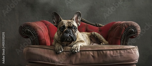 French bulldog appearing embarrassed while resting on a child s toy sofa with empty space for placing a picture. Copy space image. Place for adding text and design photo