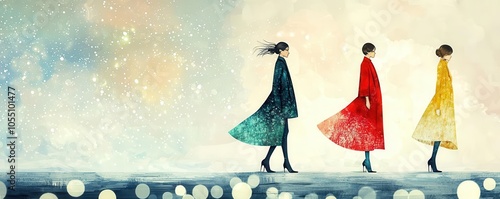 Winter fashion runway with models in luxurious coats, holiday lights sparkling in the background, flat design illustration photo