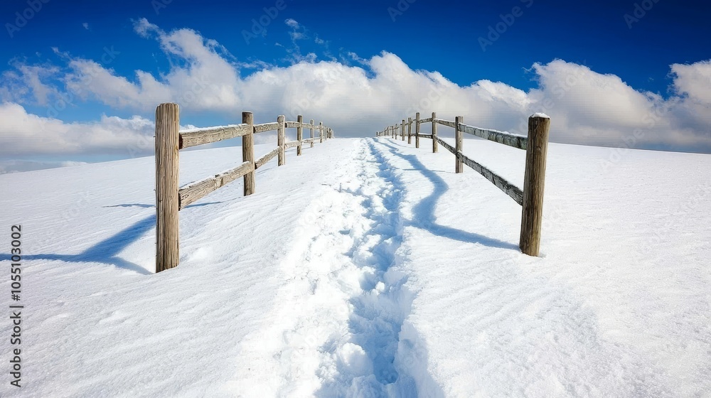 Beautiful winter landscape with a blue sky and white snow, featuring a wooden fence on the horizon Beautiful winter landscape with a blue sky and white snow, featuring a wooden fence on the horizon