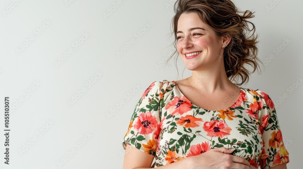 Happy Pregnant Woman in Floral Dress Smiling Happy Pregnant Woman in Floral Dress Smiling