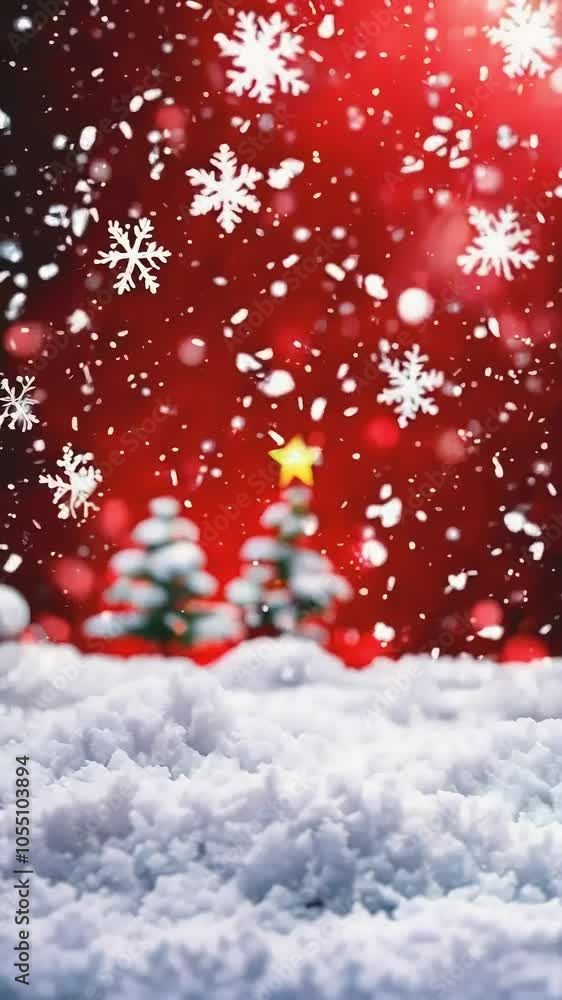 A snowy landscape with Christmas trees and falling snowflakes against a red background. A snowy landscape with Christmas trees and falling snowflakes against a red background.