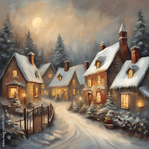 Collection of beautiful christmas village scene in classical vintage landspace oil painting style
