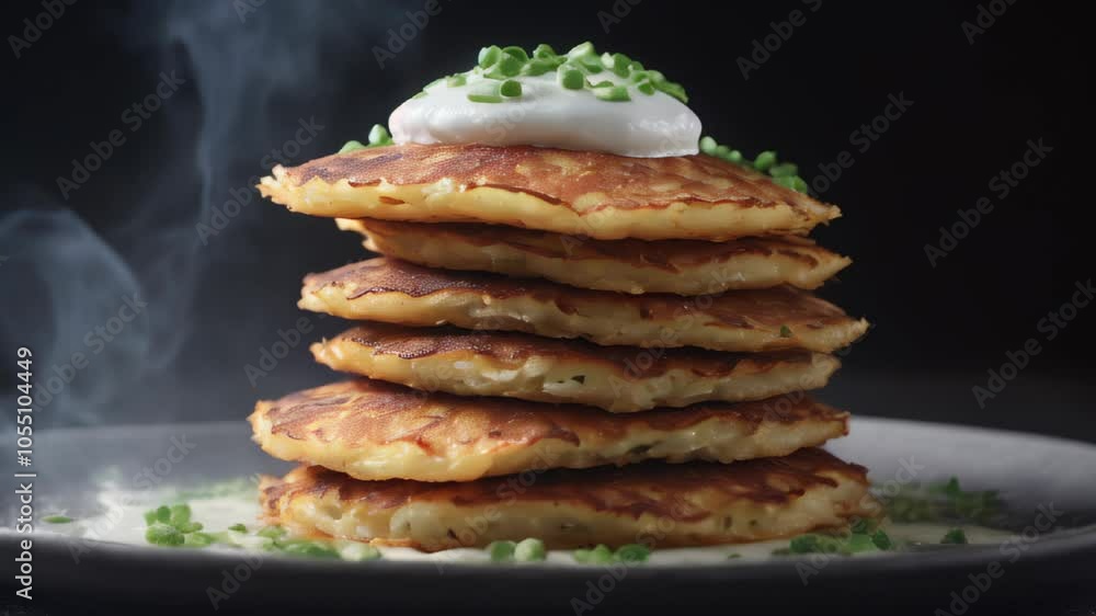 Potato pancakes with sour cream stack on a black background. Generative AI. Potato pancakes with sour cream stack on a black background. Generative AI.