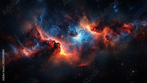 A nebula in space, glowing with red and blue hues, resembling an ethereal cloud of smoke or dust