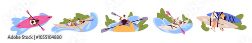 Kayaking set. Men, women rafting on river alone or together with friends on boat. Characters with paddle rowing on canoe. People do extreme water sport. Flat isolated vector illustrations on white