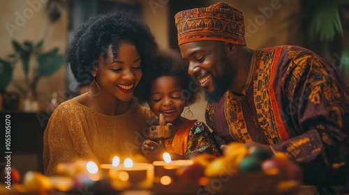 A joyful African American family celebrates Kwanzaa around candlelit table, in traditional clothing photo