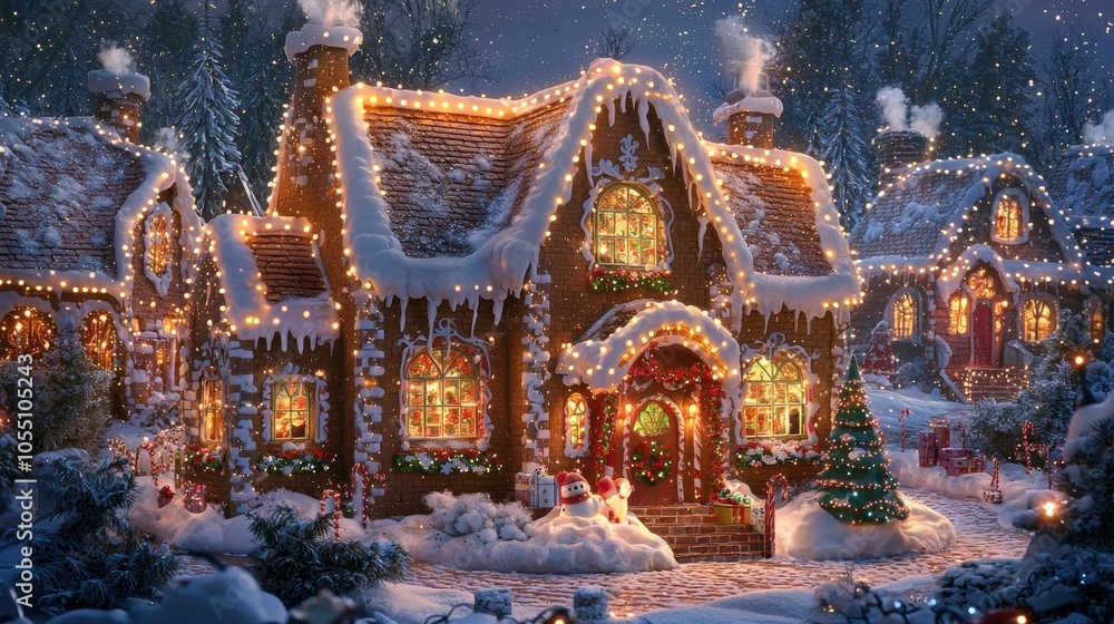 Fototapeta premium Bright Gingerbread House Surrounded by Twinkling Lights