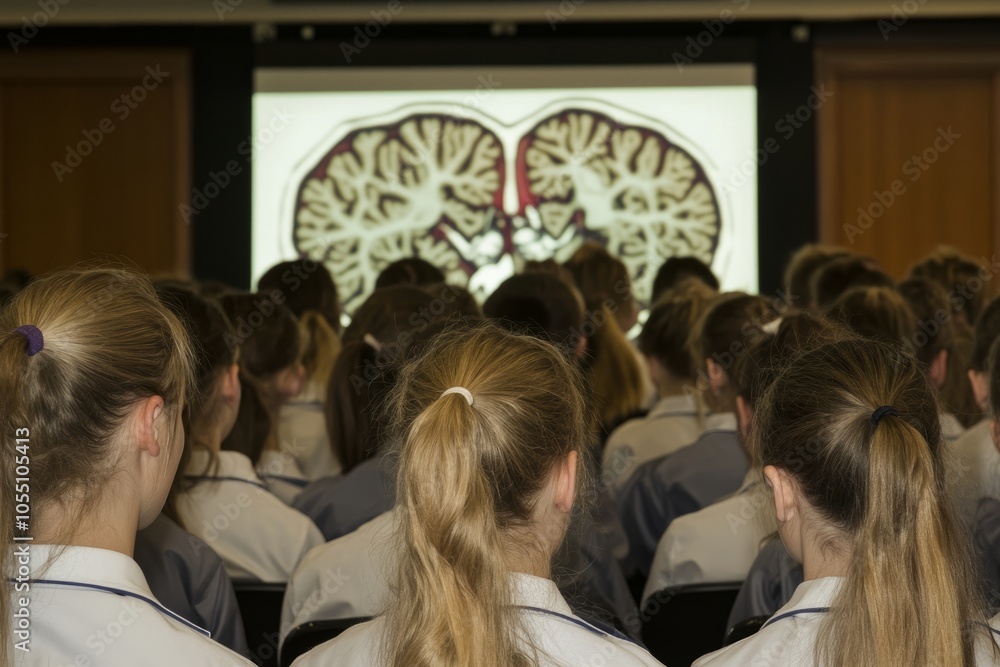 Obraz premium Students watching a brain anatomy presentation in a classroom