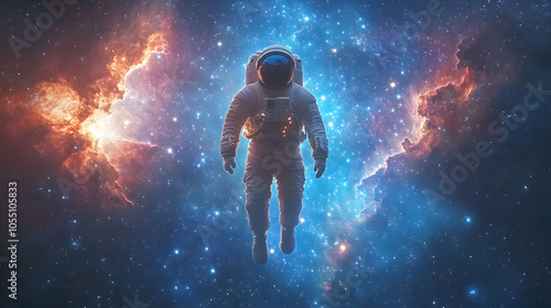 An astronaut floats weightlessly in space against a backdrop of nebulae.