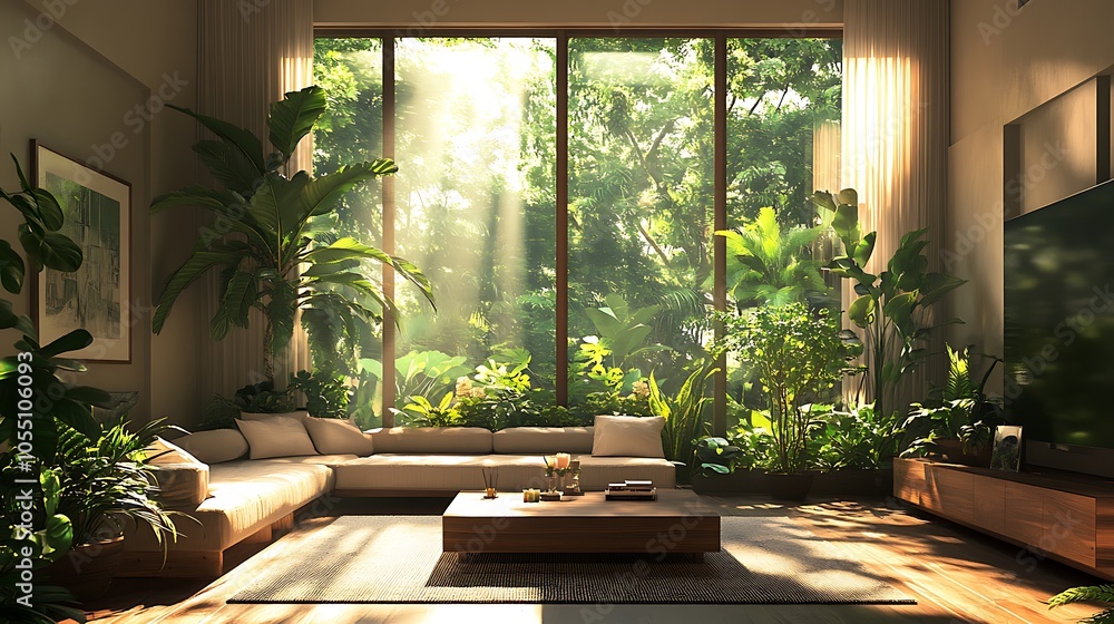 Serene living room with lush greenery and natural light Serene living room with lush greenery and natural light