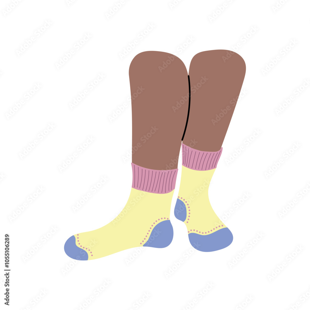 Black skin female legs in yellow socks with blue and pink details on white background. Hand drawn vector illustration in flat style. Textile, sport clothes brand, children. Concept of diversity Black skin female legs in yellow socks with blue and pink details on white background. Hand drawn vector illustration in flat style. Textile, sport clothes brand, children. Concept of diversity