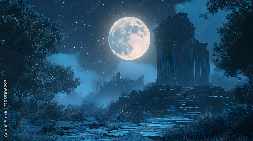 Ancient ruins bathed in moonlight with a starry sky above. Ancient ruins bathed in moonlight with a starry sky above.