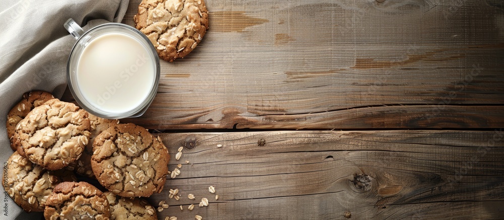 Wooden table displaying oatmeal cookies a glass of milk viewed from above with ample copy space for text or images Wooden table displaying oatmeal cookies a glass of milk viewed from above with ample copy space for text or images
