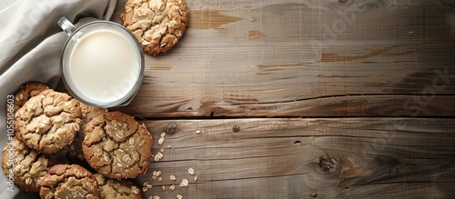 Wooden table displaying oatmeal cookies a glass of milk viewed from above with ample copy space for text or images