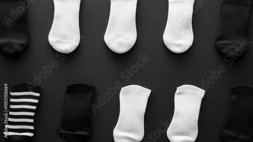 Minimalist blackandwhite socks arranged in a pattern, topdown, clean lighting photo