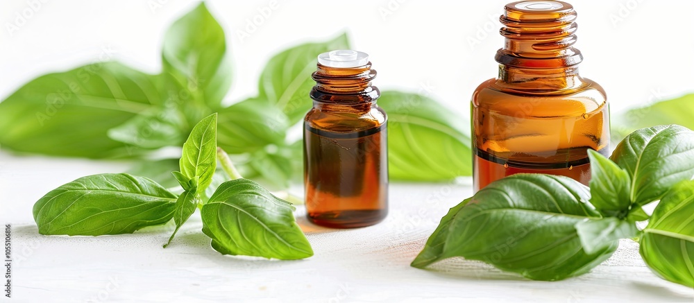Isolated basil essential oil on a white background with fresh leaves used in aromatherapy and alternative medicine Includes copy space image Isolated basil essential oil on a white background with fresh leaves used in aromatherapy and alternative medicine Includes copy space image