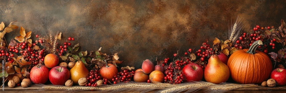 Autumn harvest composition featuring pumpkins and assorted fruits Autumn harvest composition featuring pumpkins and assorted fruits
