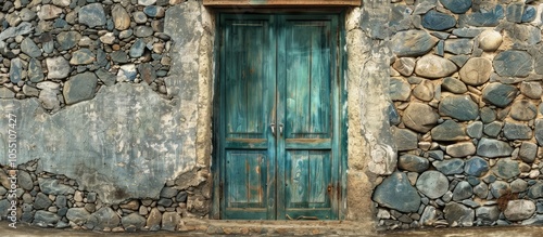 A weathered teal door set within an aged stone wall with ample copy space image available