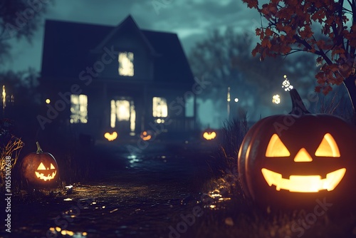 Black and orange house with Halloween theme, 3d illustration
 photo