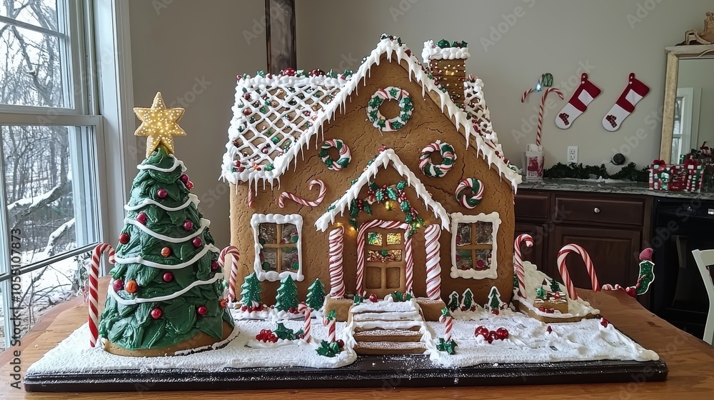 Cheerful Gingerbread House with a Bright Christmas Tree Cheerful Gingerbread House with a Bright Christmas Tree