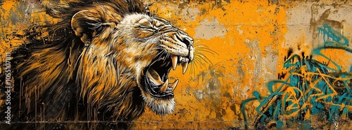 A roaring lion graffiti art on a weathered wall.