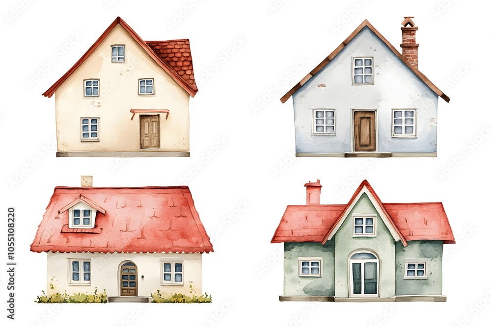 Set with summer landscape with country houses and trees isolated on white background. Watercolor hand drawn illustration
Set with summer landscape with country houses and trees isolated on white background. Watercolor hand drawn illustration