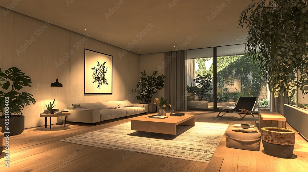 Fototapeta premium Modern minimalist living room with natural elements and lighting