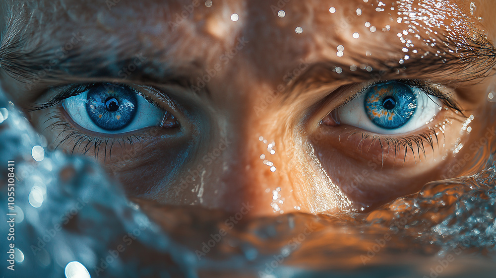 Close-Up of Swimmer’s Face as Water Drips From Forehead, capturing the intense cold with icy details and focused eyes Close-Up of Swimmer’s Face as Water Drips From Forehead, capturing the intense cold with icy details and focused eyes