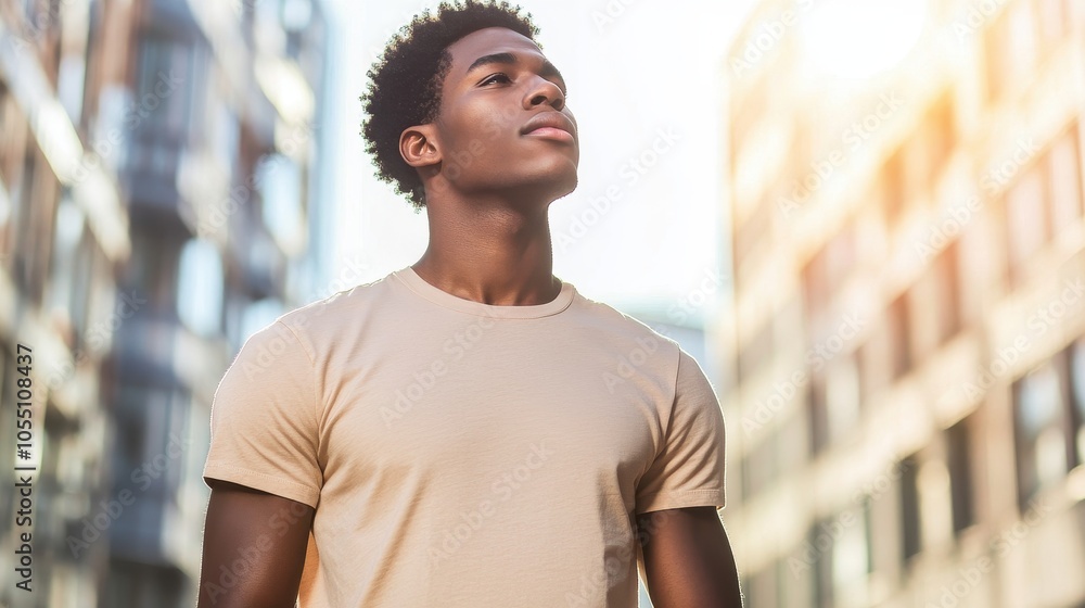 Fototapeta premium A young Black model stands confidently in a beige T-shirt, enjoying the sunny outdoor setting