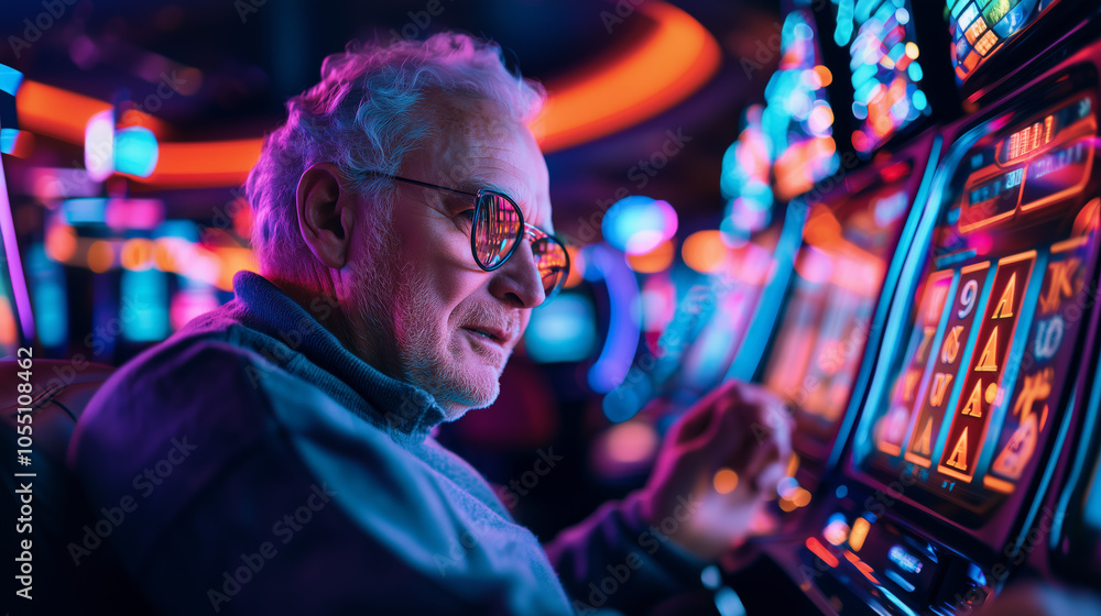 Old man playing slot machine in neon-lit casino, capturing the thrill of gambling, concentration, set in a vibrant atmosphere with reflective colors in the background, casino banner advertisement Old man playing slot machine in neon-lit casino, capturing the thrill of gambling, concentration, set in a vibrant atmosphere with reflective colors in the background, casino banner advertisement