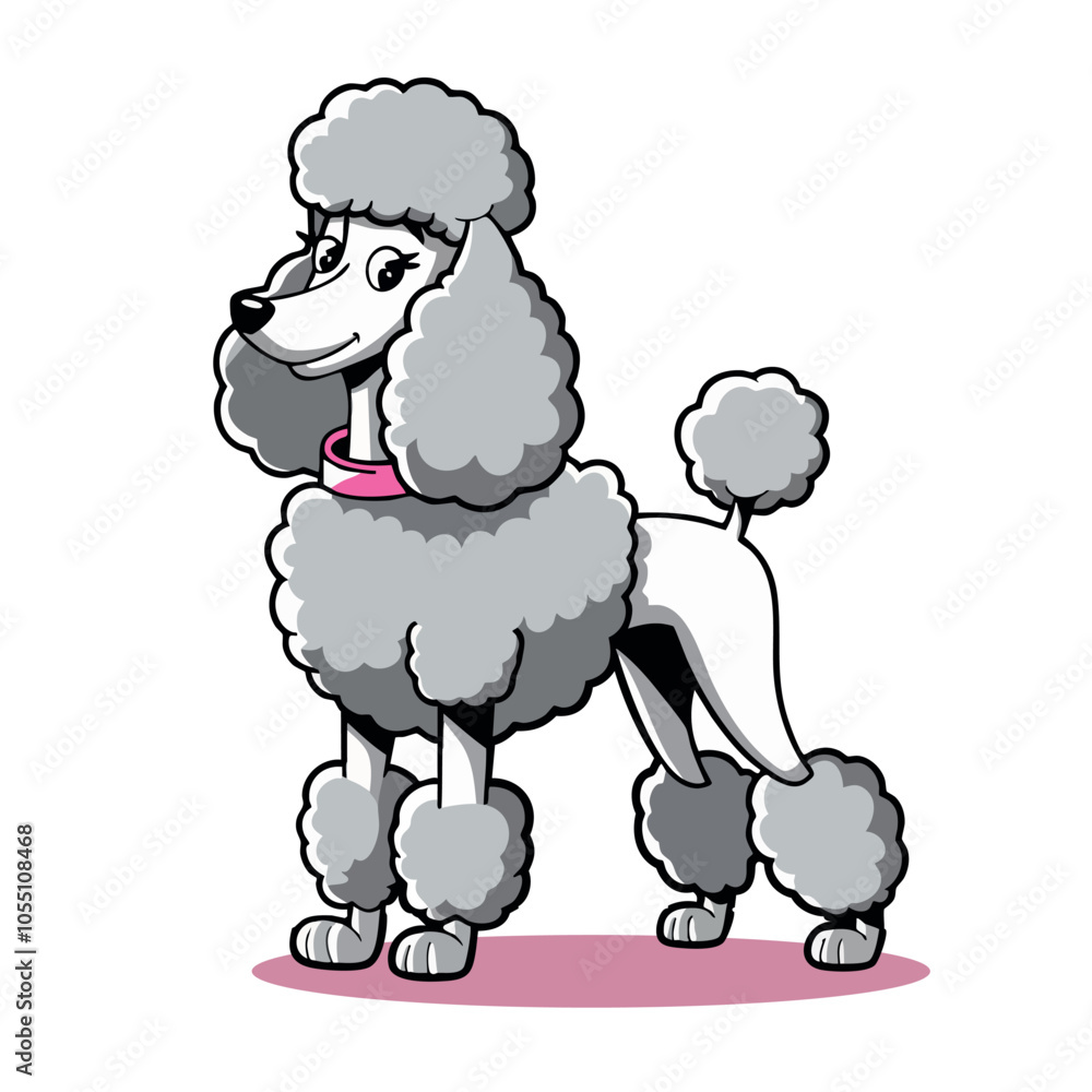 A cheerful cartoon poodle standing proudly with fluffy fur and playful demeanor in a bright and colorful style A cheerful cartoon poodle standing proudly with fluffy fur and playful demeanor in a bright and colorful style