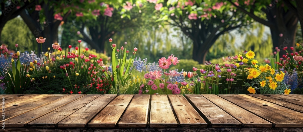 An empty wooden counter in a flower garden setting provides a perfect background for showcasing products or creating a montage image with ample copy space An empty wooden counter in a flower garden setting provides a perfect background for showcasing products or creating a montage image with ample copy space
