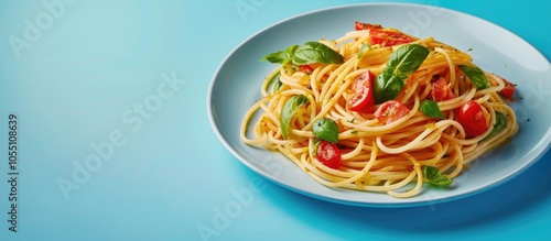 Blue background showcases a plate of appetizing pasta primavera allowing for a copy space image