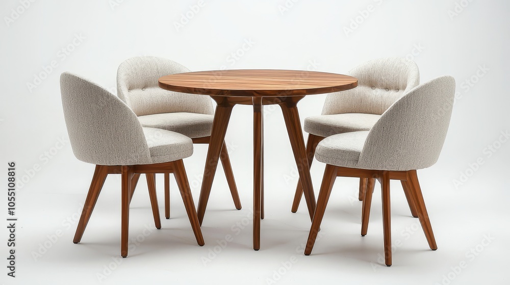 Contemporary dining table and chair set in wood and fabric, studio lighting on white background, kitchen furniture advertisement Contemporary dining table and chair set in wood and fabric, studio lighting on white background, kitchen furniture advertisement