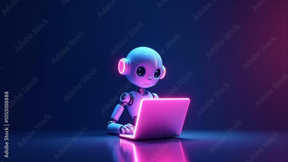 Artificial intelligence robot using laptop neon light futuristic technology 3d illustration banner Artificial intelligence robot using laptop neon light futuristic technology 3d illustration banner
