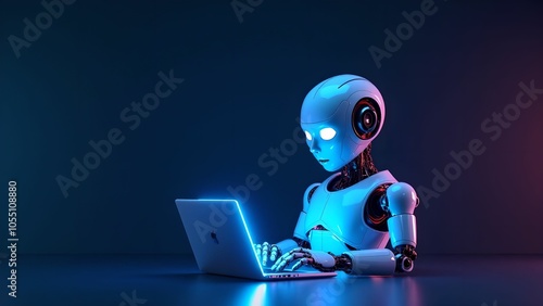 Artificial intelligence robot using laptop neon light futuristic technology 3d illustration banner