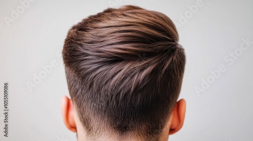 Closeup Portrait of a Stylishly Coiffed Quiff Hairstyle for Men Neatly Styled with a Glossy Finish and Deep Depth of Field Showcasing Premium Hair Grooming and Masculine Elegance photo