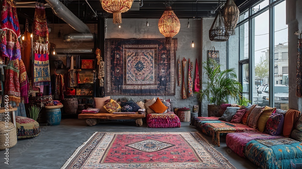 Cozy bohemian interior design with vibrant textiles and rugs Cozy bohemian interior design with vibrant textiles and rugs