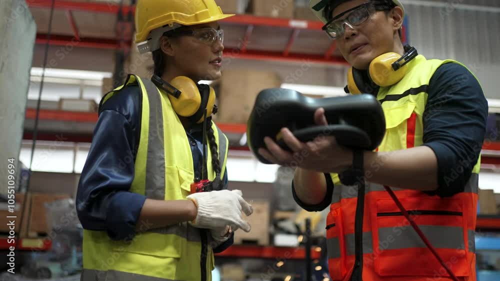 Blue collar workers work with automatic welding torch robot arm. Industrial, technology. Blue collar workers work with automatic welding torch robot arm. Industrial, technology.