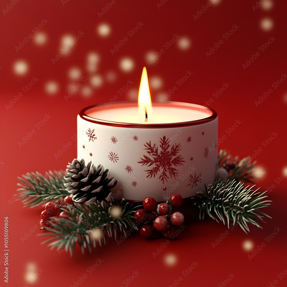 A 3D image of a single scented candle with a Christmas themed as pine branches berries and snowflakes set against a contrasting plain background A 3D image of a single scented candle with a Christmas themed as pine branches berries and snowflakes set against a contrasting plain background