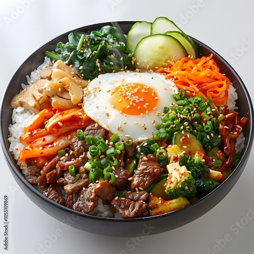 A bowl of Bibimbap, a spicy Korean mixed rice, presented