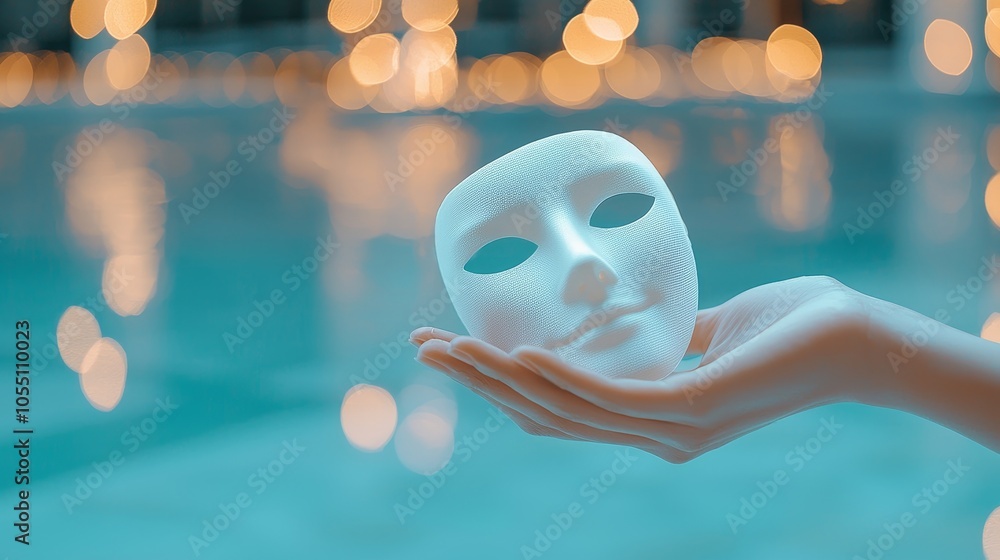 A close-up of a white face mask in sharp focus, with the background blurred in a soft bokeh effect, creating a serene atmosphere A close-up of a white face mask in sharp focus, with the background blurred in a soft bokeh effect, creating a serene atmosphere